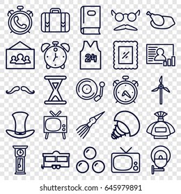 Vintage icons set. set of 25 vintage outline icons such as alarm, book, mustache, perfume, mustache and glasses, trailer, luggage, gramophone, hat, photo, chicken, street lamp