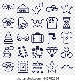 Vintage icons set. set of 25 vintage outline icons such as alarm, pyramid, perfume, mustache, gem, jackpot, woman hat, mustache and glasses, desk phone, luggage