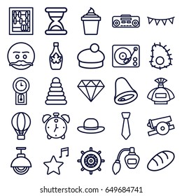 Vintage icons set. set of 25 vintage outline icons such as bread, pyramid, helm, perfume, diamond, woman hat, ice cream in can, maple syrup, gramophone, record player