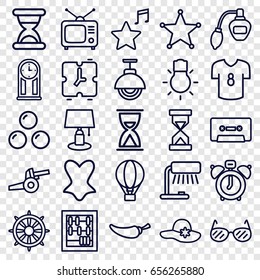 Vintage icons set. set of 25 vintage outline icons such as perfume, woman hat, corset, pepper, helm, tv, cassette, favorite music, camera bulb, street lamp, sheriff