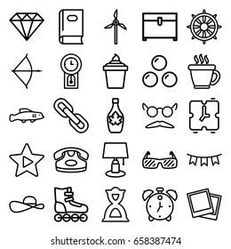 Vintage icons set. set of 25 vintage outline icons such as book, desk phone, coffee, diamond, chest, mustache and glasses, ice cream in can, maple syrup, helm, hourglass