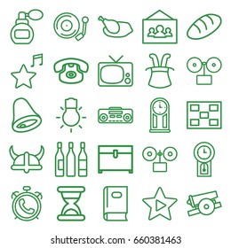 Vintage icons set. set of 25 vintage outline icons such as alarm, bread, book, perfume, chest, record player, favorite music, wine glass, gramophone, camera bulb, photo