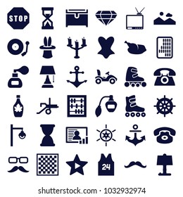 Vintage icons. set of 36 editable filled vintage icons such as helm, perfume, chest, corset, abacus, desk phone, table lamp, maple syrup, favorite music, gramophone, photo