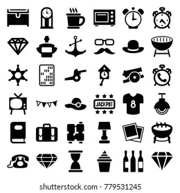 Vintage icons. set of 36 editable filled vintage icons such as alarm, book, woman hat, diamond, chest, barbecue, tv, ice cream in can, hourglass, anchor, luggage, party flag