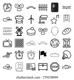 Vintage icons. set of 36 editable outline vintage icons such as flag, bread, mustache, woman hat, jackpot, chest, gramophone, table lamp, barbecue, tv, favorite music
