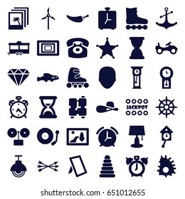 Vintage icons set. set of 36 vintage filled icons such as alarm, pyramid, bike, face, diamond, jackpot, woman hat, pepper, trailer, anchor, helm, desk phone, gramophone, photo