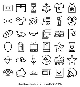 Vintage icons set. set of 36 vintage outline icons such as bread, book, face, desk phone, jackpot, chest, woman hat, pepper, trailer, tv, favorite music, photo, chicken