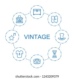 vintage icons. Set of 8 outline vintage icons included chest, desk phone, alarm, fireplace, hourglass, football t shirt on circle background. Editable vintage icons for web, mobile and infographics.
