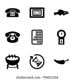 Vintage icons. set of 9 editable filled vintage icons such as barbecue, pepper, desk phone, photo, hourglass, pendulum, extinct fish