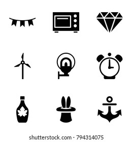 Vintage icons. set of 9 editable filled vintage icons such as diamond, maple syrup, party flag, microwave, street lamp, mill, clock alarm, magic hat