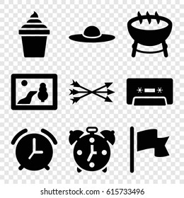 Vintage icons set. set of 9 vintage filled icons such as woman hat, ice cream in can, cassette, flag, alarm, arrow bow, barbecue