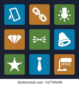 Vintage icons set. set of 9 vintage filled icons such as gem, camera bulb, photo, sheriff, tie, chain, bell, arrow