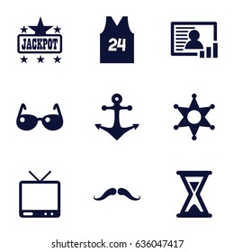 Vintage icons set. set of 9 vintage filled icons such as mustache, jackpot, tv, photo, sheriff, sport t shirt number 24, hourglass, sunglasses