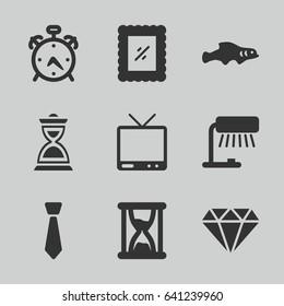 Vintage icons set. set of 9 vintage filled icons such as alarm, diamond, tv, hourglass, photo, tie, extinct fish