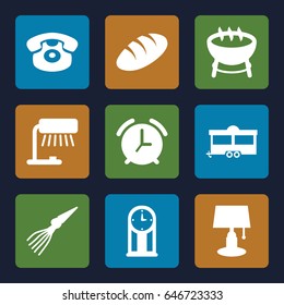 Vintage icons set. set of 9 vintage filled icons such as bread, trailer, desk phone, pendulum, alarm, extinct sea creature, barbecue