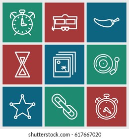 Vintage icons set. set of 9 vintage outline icons such as alarm, pepper, trailer, gramophone, sheriff, photo, chain