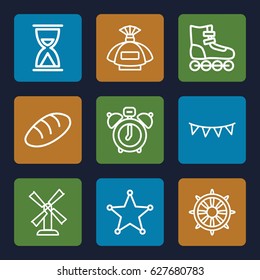 Vintage icons set. set of 9 vintage outline icons such as bread, mill, perfume, helm, party flag, sheriff, clock alarm, hourglass