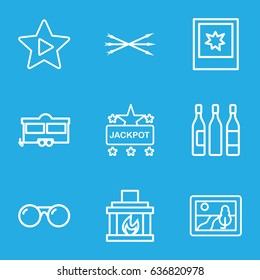 Vintage icons set. set of 9 vintage outline icons such as jackpot, trailer, favorite music, wine glass, photo, fireplace, sunglasses, arrow bow