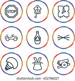 Vintage icons set. set of 9 vintage outline icons such as bike, maple syrup, stop, pendulum, alarm, extinct sea creature, arrow bow, cannon