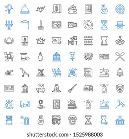 vintage icons set. Collection of vintage with cabins, hourglass, alarm clock, ice cream cart, vase, cabin, wake up, corkscrew, sewing machine. Editable and scalable vintage icons.