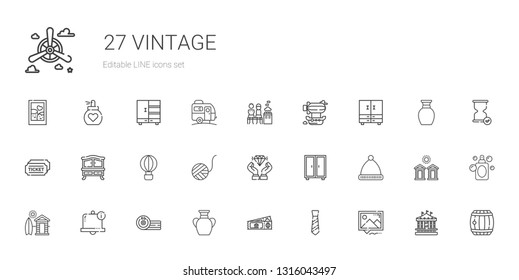 vintage icons set. Collection of vintage with picture, tie, ticket, vase, boxing, bell, cabin, winter hat, closet, diamond, wool ball, hot air balloon. Editable and scalable vintage icons.