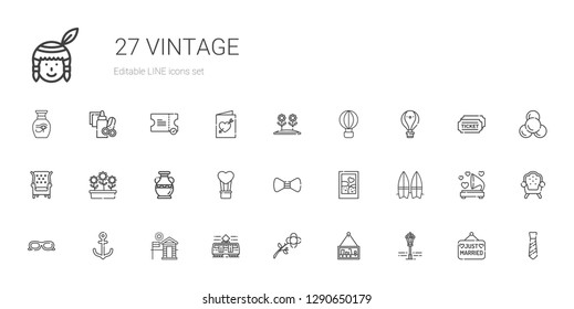 vintage icons set. Collection of vintage with street lamp, picture, flower, tram, cabin, anchor, sunglasses, surfboard, bow tie, hot air balloon. Editable and scalable vintage icons.