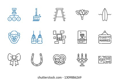 vintage icons set. Collection of vintage with ticket, candelabra, frame, horseshoe, ribbon, just married, diamond, picture, boxing glove. Editable and scalable vintage icons.