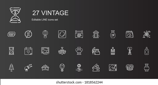 vintage icons set. Collection of vintage with turntable, tickets, flower, hot air balloon, crown, cannon, pine, barrel, ink pen, vase, chandelier. Editable and scalable vintage icons.