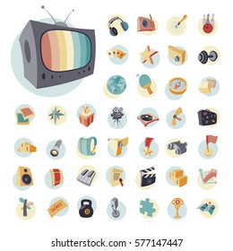 Vintage icons set for entertainment, leisure and fitness. Vector illustration.