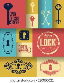 Vintage icons set. Sign open and closed. Simple silhouette of the lock for the door. Key logo.