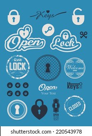 Vintage icons set. Sign open and closed. Simple silhouette of the lock for the door. Key logo.