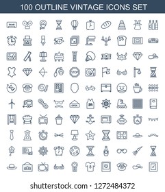 vintage icons. Trendy 100 vintage icons. Contain icons such as photo, sun hat, desk phone, football t shirt, pendulum, sunglasses, TV, woman hat. vintage icon for web and mobile.