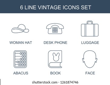 vintage icons. Trendy 6 vintage icons. Contain icons such as woman hat, desk phone, luggage, abacus, book, face. vintage icon for web and mobile.