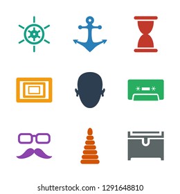 vintage icons. Trendy 9 vintage icons. Contain icons such as chest, pyramid, mustache and glasses, cassette, face, photo, hourglass, anchor, helm. vintage icon for web and mobile.