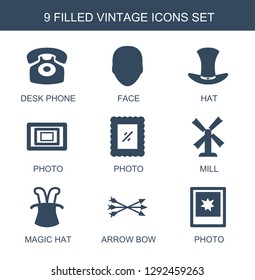 vintage icons. Trendy 9 vintage icons. Contain icons such as desk phone, face, hat, photo, mill, magic hat, arrow bow. vintage icon for web and mobile.
