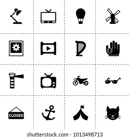 Vintage icons. vector collection filled vintage icons. includes symbols such as windmill, tv, table lamp, harp, play movie, frame, cat. use for web, mobile and ui design.