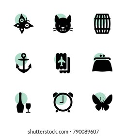 Vintage icons. vector collection filled vintage icons set.. includes symbols such as barrel, ticket, cat, purse, butterfly, alarm clock. use for web, mobile and ui design.