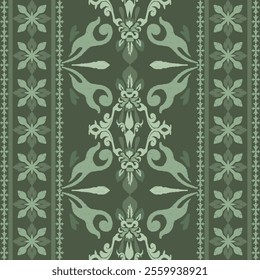 Vintage Ikat pattern vector in green tones featuring delicate floral leafy motifs. Intricate design blends elegance with tradition, perfect for textiles, wallpapers, sophisticated decorative projects.