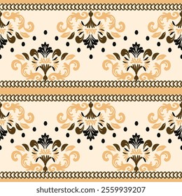 Vintage Ikat pattern vector in yellow tones featuring delicate floral and leafy motifs. The intricate design blends elegance with tradition, perfect for textiles, wallpapers, or sophisticated 