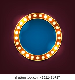 Vintage illuminated sign or vector retro signboard. Show board with light bulbs. Advertising lightbox for movie or theater. Casino or vegas banner, billboard or circus signage. Background for text ads