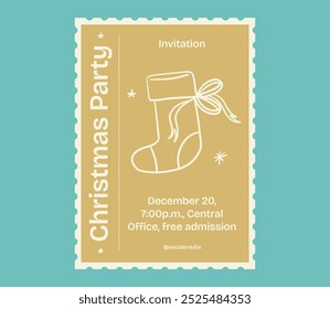 Vintage Illustrated Christmas Party Invitation with Santa Claus Christmas Boot in gold and blue color