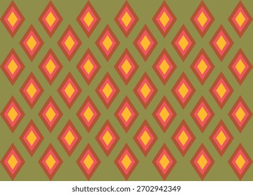 Vintage illustrated pattern with repeating diamonds in green, orange, yellow, and brown. 60s and 70s style. Wallpaper.