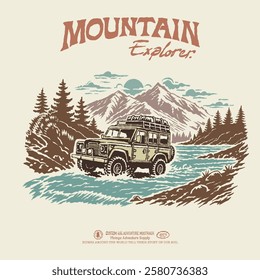 Vintage illustration 4x4 adventure car offroad mountain river explore jouney. Retro apparel clothing design outdoor nature