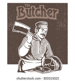 vintage illustration about the butcher cut the meat of