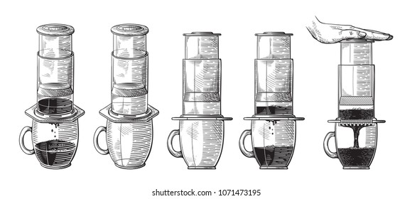 Vintage illustration of alternative brewing of aeropress with pushing hand scheme process