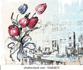vintage illustration of Amsterdam street and tulips. Watercolor style.