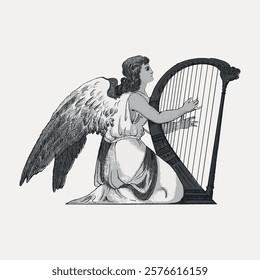 Vintage illustration of an angel playing a harp. The angel, with detailed wings, is kneeling. The harp and angel create a serene, classical scene. Vintage illustration isolated on white, vector.