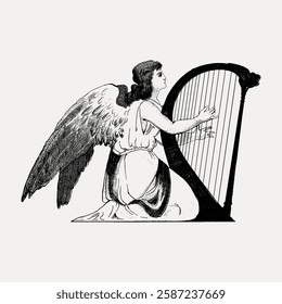 Vintage illustration of an angel playing a harp. The angel, with detailed wings, kneels while playing the harp. Classic, artistic depiction of an angel and harp. Vintage art illustration, vector.