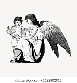 Ilustração vintage de um anjo com asas lendo para uma criança. O anjo e a criança são retratados em um estilo clássico, artístico, enfatizando uma cena serena e pacífica. Vetor de ilustração vintage.