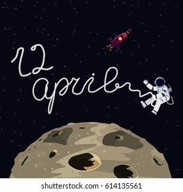 Vintage Illustration of astronaut, moon and rocket in the space. 12 april illustration
